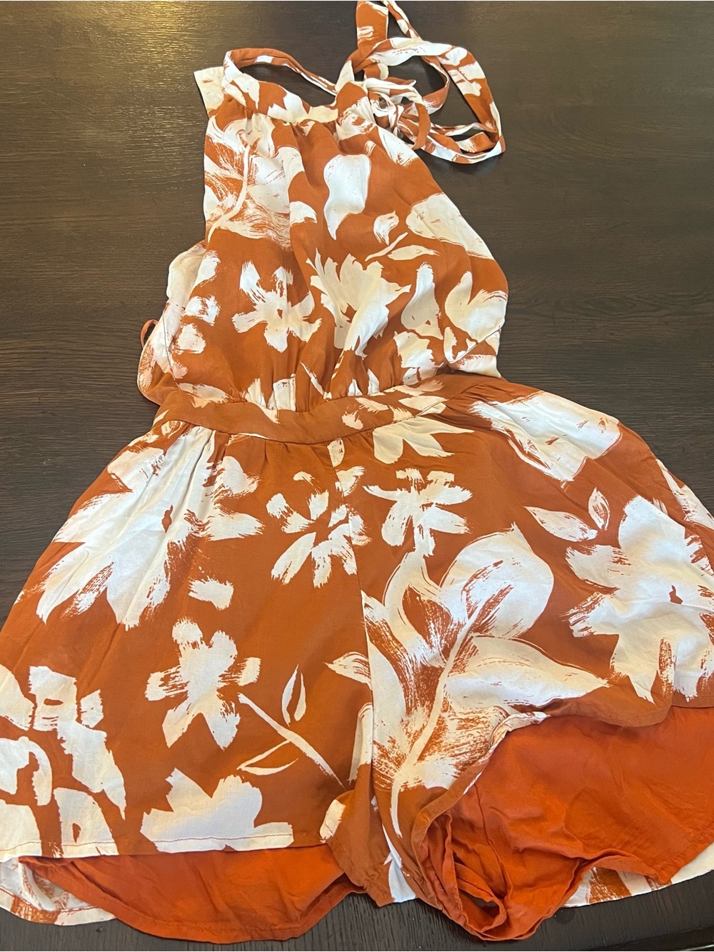 Free People XS Floral Halter Romper Orange Cream Wedding Guest Boho Summer